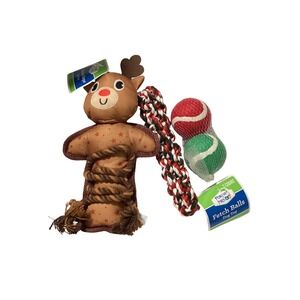 Forever Pals Holiday Dog Toy Set Reindeer Rope Tug and 2 Count Fetch Balls NEW